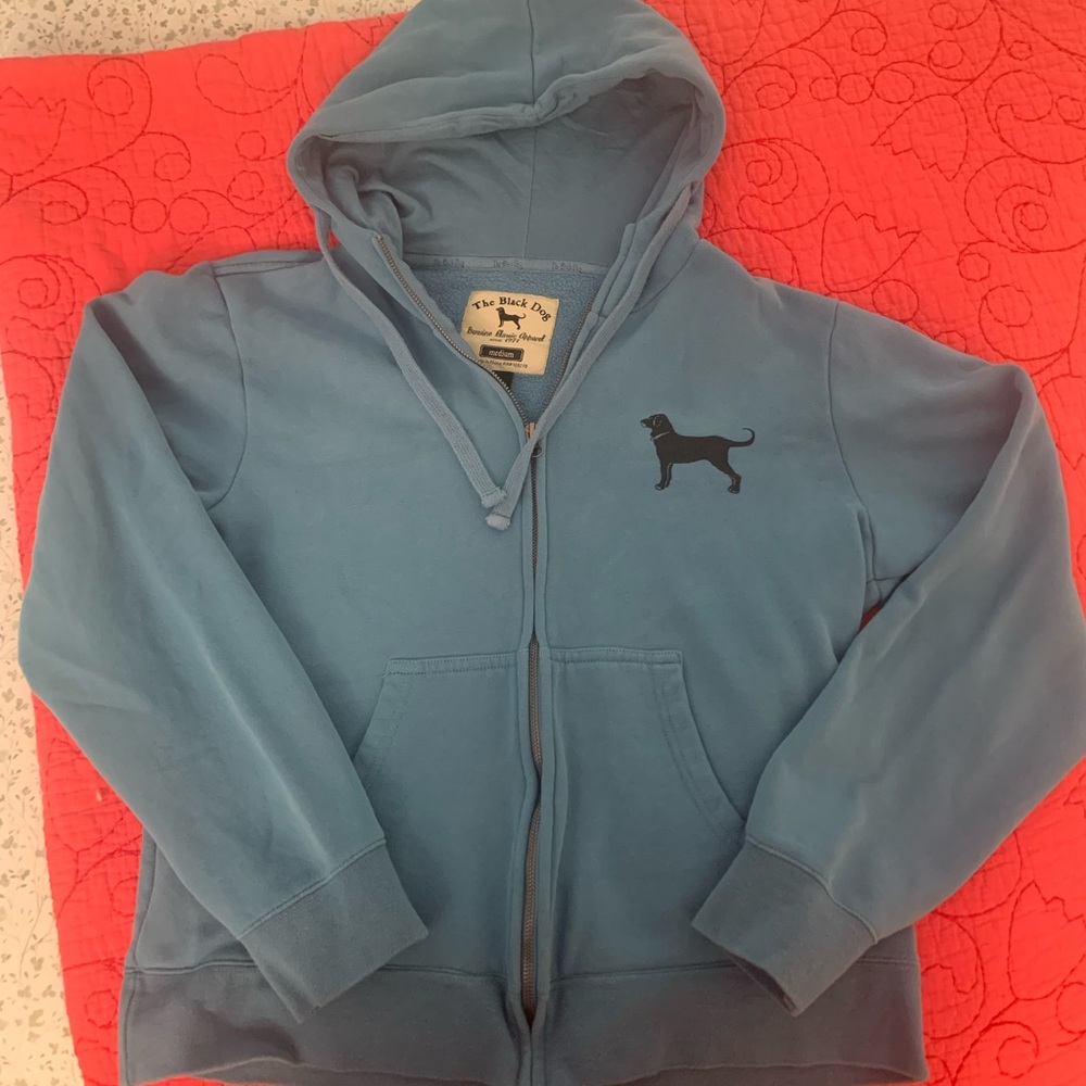 Black Dog sweatshirt blue with black embroidered Dog. Zipper style lightly worn
